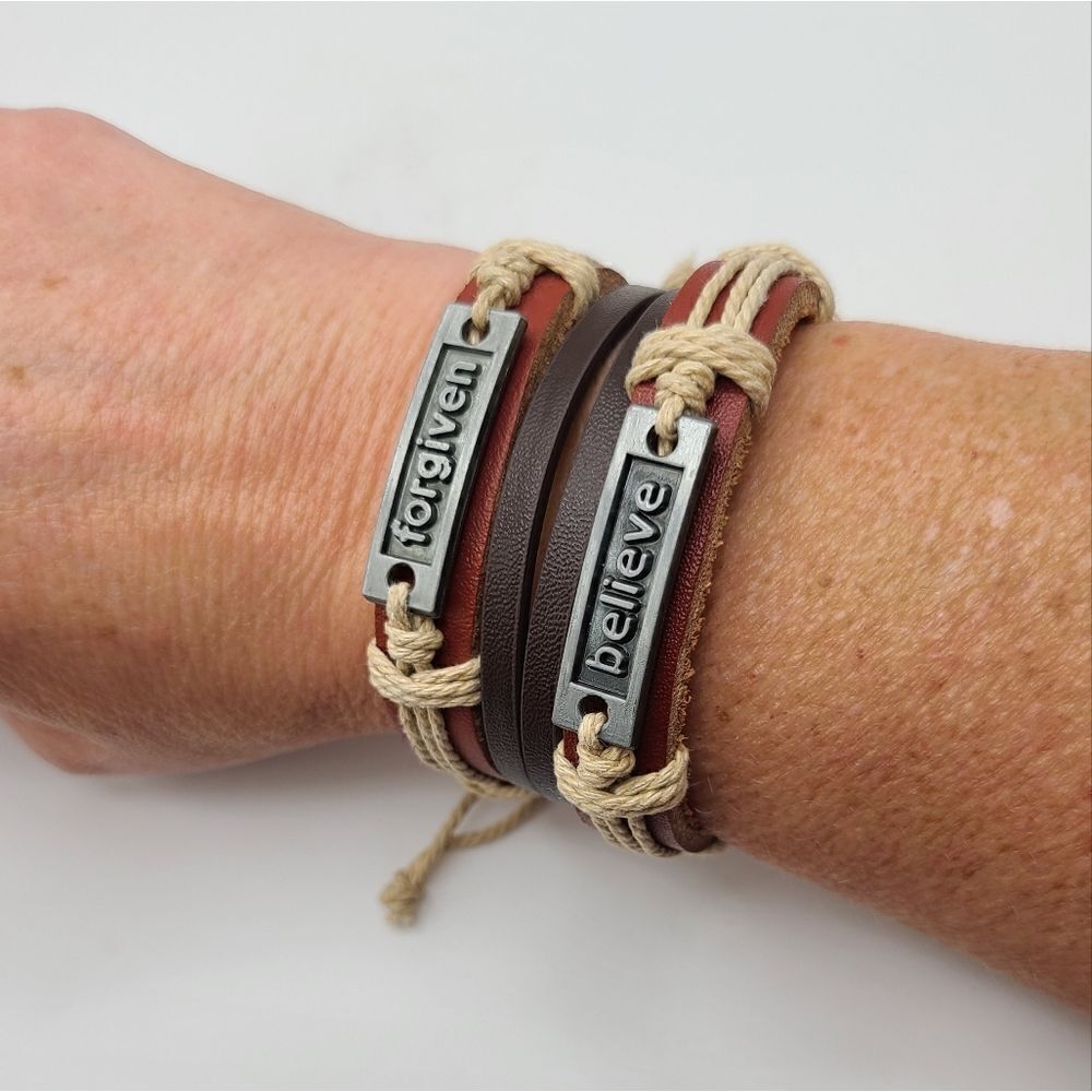 3 Leather bracelets,  Forgiven, Believe, adjustable, Unisex